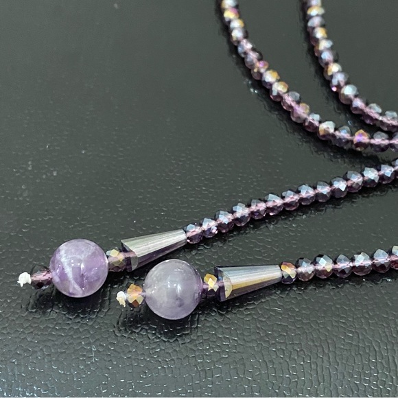 Handmade Amethyst Stone AB Purple Crystal Beads Lariat 40” Necklace - Picture 8 of 16